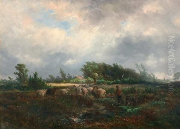Schaapsherder In Landschap Met Dreigendewolkenlucht Oil Painting by Albert Jurardus van Prooijen