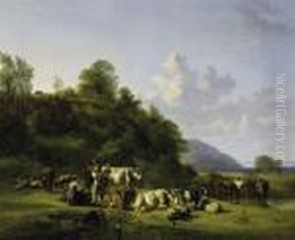 In A Vast Field Valley. Two 
Farmerfolk Milking The Cows. With Monogram Lower Left: J.v.r. Fecit Oil Painting by Jan Van Ravenswaay