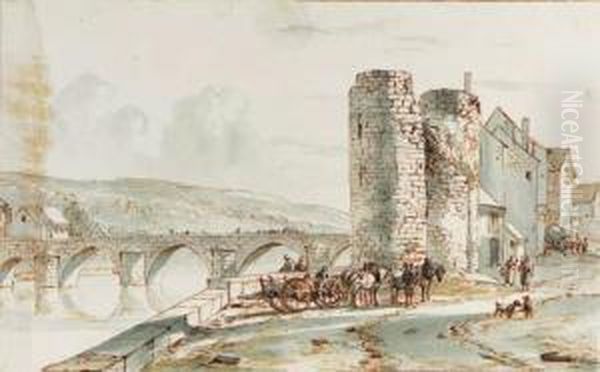 A View In A Town On A River With
 A Horse-drawn Cart Near A Bridge;and Travellers On A Road In A 
Mountainous Landscape Oil Painting by Jan Van Ravenswaay