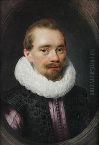 Portrait Of A Gentleman, 
Bust-length, In Apurple Coat, A Black Brocade Waistcoat And A White 
Ruff, Within Apainted Stone Oval Oil Painting by Jan Anthonisz Van Ravesteyn