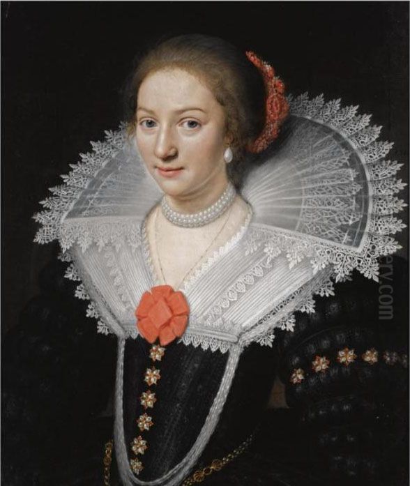 A Portrait Of A Lady, Half 
Length, Wearing A Black Dress With A White Lace Collar And Pearl 
Jewellery Oil Painting by Jan Anthonisz Van Ravesteyn