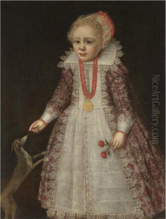 Portrait Of A Young Child, Full 
Length, Wearing A Pink Embroidered Dress, A Coral Necklace And Holding 
Two Cherries While Pointing To A Dog Oil Painting by Jan Anthonisz Van Ravesteyn