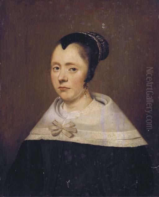 Portrait Of A Lady, Bust-length, In A Black Dress, A White Collarand A Black Bonnet Oil Painting by Jan Anthonisz Van Ravesteyn