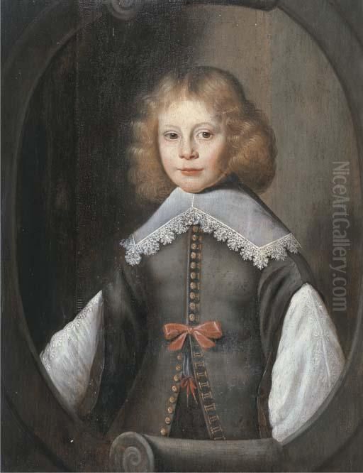 Portrait Of A Boy, Half-length, 
In A Grey Jerkin And A White Shirt,in A Feigned Scrolled Oval Oil Painting by Jan Anthonisz Van Ravesteyn