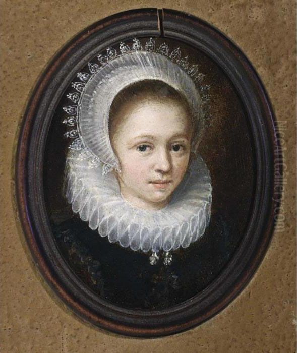 A Portrait Of A Young Girl, Head
 And Shoulders, Wearing A Black Dress With A White Lace Collar And An 
Elaborate Lace Headdress Oil Painting by Jan Anthonisz Van Ravesteyn
