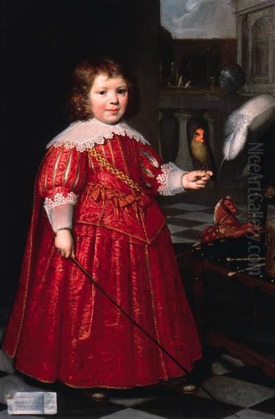 Portrait Of Joannes Ruyter, Aged
 Five, Full-length, In A Redcostume, Holding A Red-cheeked Parrot, With A
 Hobby Horse And Drumand Chair, A Garden Beyond Oil Painting by Jan Anthonisz Van Ravesteyn