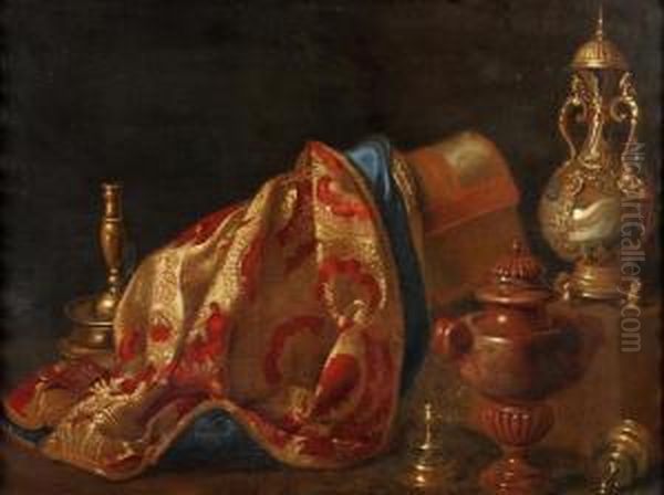 A Still Life Of A 
Gilt-metal-mounted Agate Vase And Cover, A Marmorosso Antiquo Urn, A 
Velvet Damask, A Casket And A Heemskirk Brasscandlesticks On A Ledge Oil Painting by Pieter Gerritsz. van Roestraten