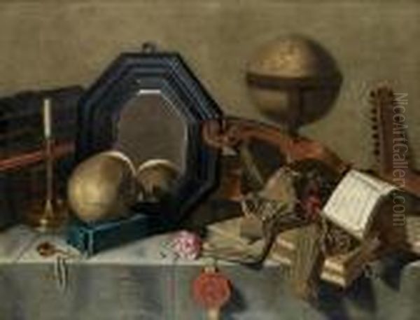 Still Life Of A Skull, A
Mirror, A Globe, Books, Musical Instruments And Other Objects On A
Draped Table Top Oil Painting by Pieter Gerritsz. van Roestraten