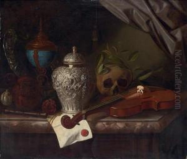 Violin, A Skull Draped With 
Laurel Branches, A Silver Ginger Jar, A Recorder, A Letter With A Red 
Seal, A Silver Gilt Hardstone Cup And A Silver Dish On A Marble Ledge Oil Painting by Pieter Gerritsz. van Roestraten