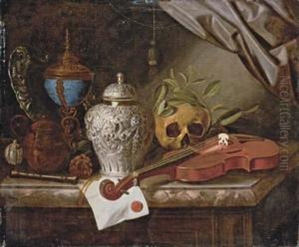 A Vanitas Still-life With A 
Violin, A Silver Ginger Jar, A Recorder, A Letter With A Red Seal, A 
Silver-gilt Hardstone Cup And Cover, A Duth Embossed Silver Dish And A 
Skull Wreathed With Laurel On A Marble Ledge Oil Painting by Pieter Gerritsz. van Roestraten