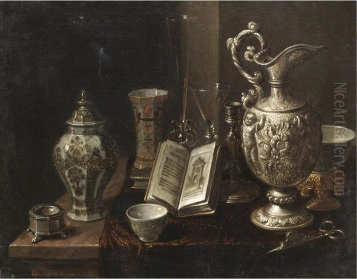 A Still Life With A Silver Ewer,
 A Candle Snuffer, Various Glasses And Porcelain Vases Together On A 
Marble Tabletop Draped With A Cloth Oil Painting by Pieter Gerritsz. van Roestraten