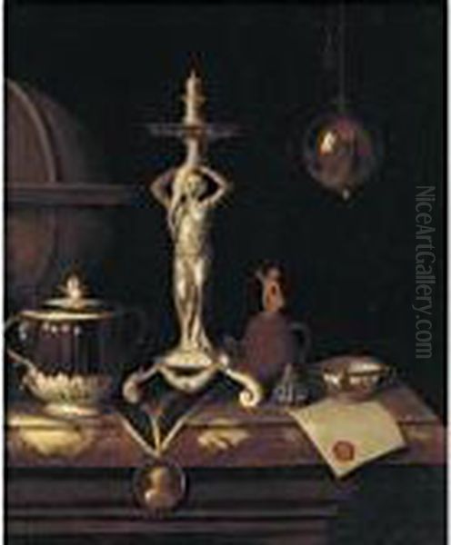 Still Life With A Candlestick, A
 Charles Ii Caudle Cup And Cover, A Two Handled Spout Cup, A Globe And A
 Document With A Wax Seal All Resting On A Table Oil Painting by Pieter Gerritsz. van Roestraten