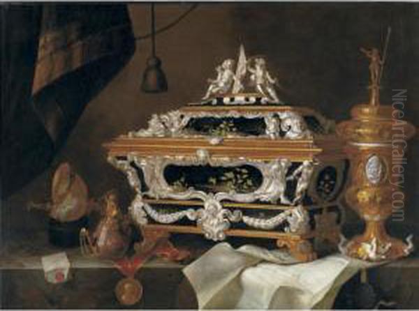 Still Life With An Elaborate 
Silver And Black Lacquer Casket, A Gilt Cup And Cover, A Teapot, A 
Letter, A Medallion, Nautilus Cup And A Watch All On A Ledge Oil Painting by Pieter Gerritsz. van Roestraten