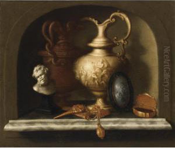 A Still Life With Two Sculpted 
Jugs With A Scene With Neptune, An Intaglio Medallion, A Golden 
Snuff-box, A Golden Chatelaine And A Small Bust Of A Satyr, All In A 
Stone Niche Oil Painting by Pieter Gerritsz. van Roestraten