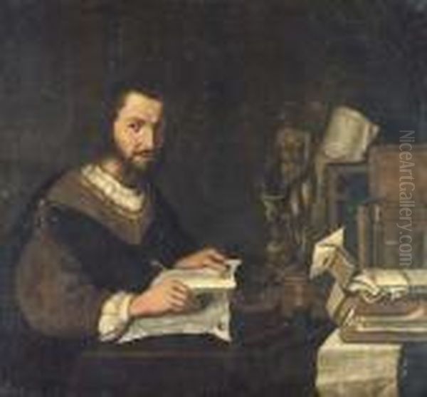 Portrait Of A Connoisseur, 
Seated At A Desk, With Manuscripts, Astatuette Of Venus And Cupid, And 
Scientific Instruments Oil Painting by Pieter Gerritsz. van Roestraten