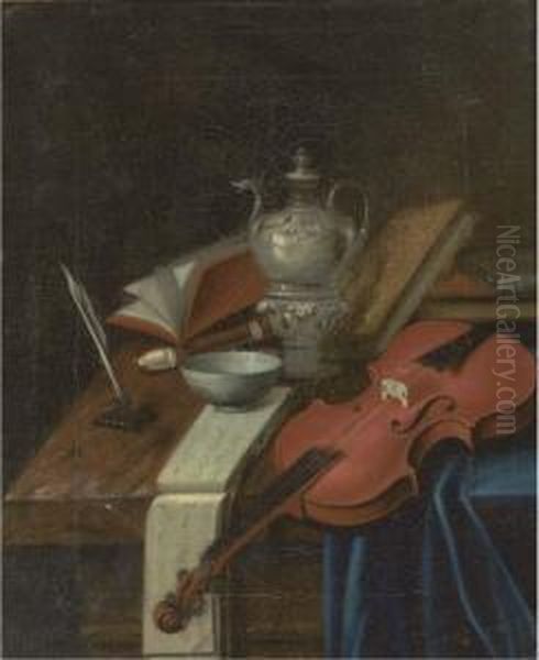 A Violin, A Recorder, A Music 
Score, A Quill And Ink, A Silverteapot And Books On A Partially Draped 
Table Oil Painting by Pieter Gerritsz. van Roestraten