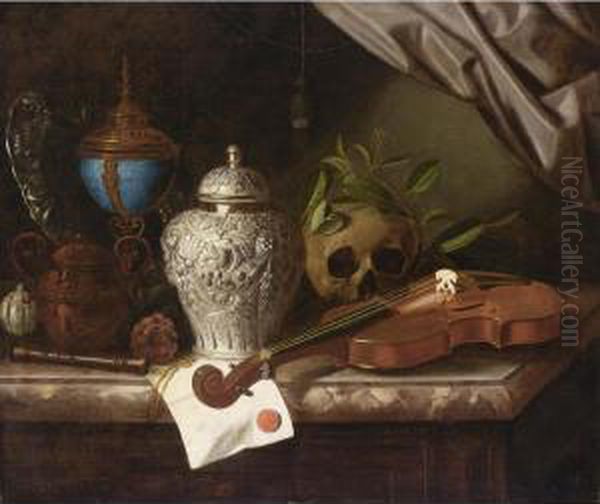 A Vanitas Still Life With A 
Violin, A Recorder, A Skull Draped With Laurel Branches, A Silver Ginger
 Jar, A Sugar Pot, A Standing Cup And Cover With Silver-gilt Mounts, A 
Silver Chased Dish And A Letter With A Red Seal, All On A Marble Ledge Oil Painting by Pieter Gerritsz. van Roestraten
