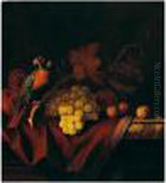 A Still Life Of Grapes And 
Walnuts With A Parrot On A Marble Ledge, Draped With A Fringed Cloth Oil Painting by Pieter Gerritsz. van Roestraten