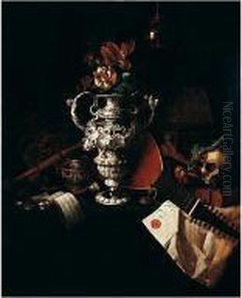 A Vanitas Still Life With 
Flowers In An Elaborate Silver Urn, A Lute And Other Musical 
Instruments, A Crown And Sceptre, A Skull, Globe, Book, Pocket Watch, 
Lacquer Box, Coins And A Letter, All Arranged On A Cloth-covered Table, A
 Glass Ball Suspe Oil Painting by Pieter Gerritsz. van Roestraten