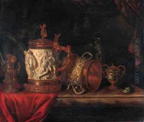 A Pronk Still Life With A Gilt 
Dish, A Gilt Cup And Cover, A Bronzesculpture Of A Seated Putto, An 
Ormulo Mounted Carved Ivorytankard, A Silver Gilt Ewer And A Medal On A 
Marble Ledge By Acurtain Oil Painting by Pieter Gerritsz. van Roestraten