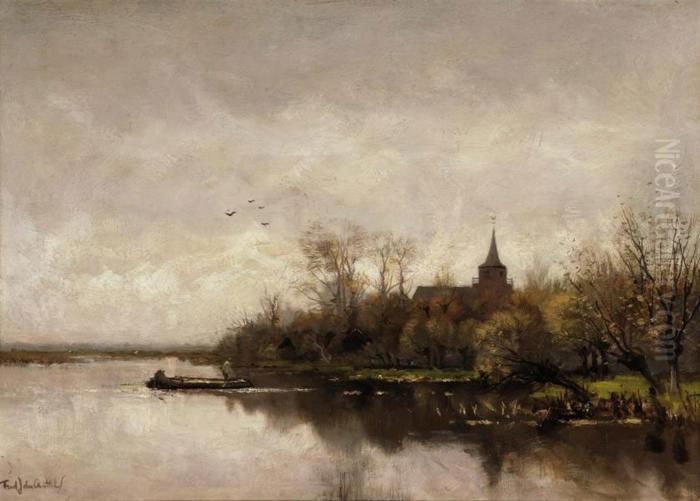 A Church In A River Landscape Oil Painting by Fredericus Jacobus Van Rossum Du Chattel