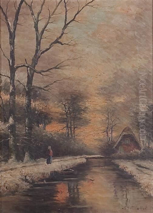 Winter Dusk Scene Oil Painting by Fredericus Jacobus Van Rossum Du Chattel