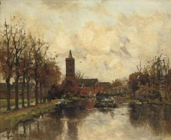 An Autumn Day On The Vecht Near Loenen, Seen From The South Oil Painting by Fredericus Jacobus Van Rossum Du Chattel
