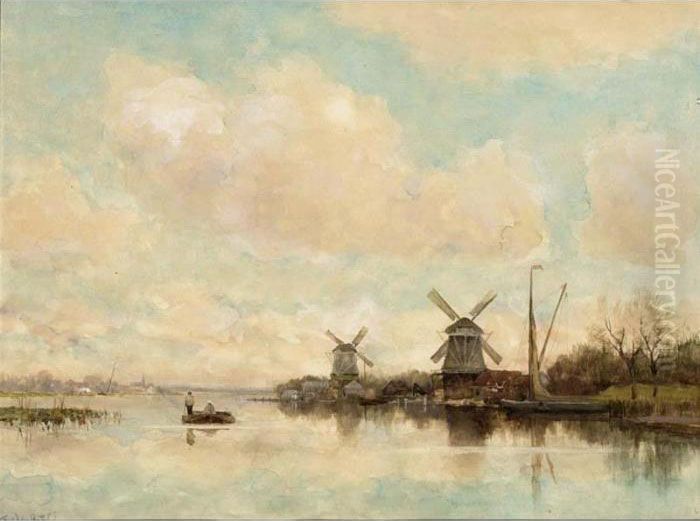 A River Scene With Windmills Oil Painting by Fredericus Jacobus Van Rossum Du Chattel
