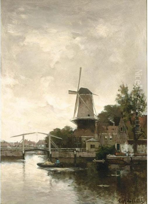 A View Of A Town Along A Canal Oil Painting by Fredericus Jacobus Van Rossum Du Chattel