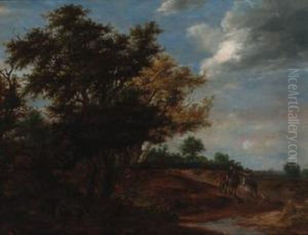 An Extensive Wooded Landscape 
With Travellers And A Beggar On Apath, Haarlem In The Distance Oil Painting by Jacob Salomonsz. Ruysdael