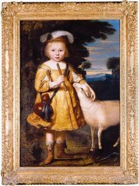 Portrait Of A Young Child Full Length Dressed As A 

 Shepherd And Holding A Pipe A Lamb Beside Him Oil Painting by Dirck Verhaert