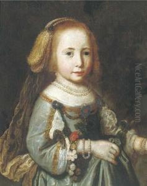 Portrait Of A Girl, Half-length,
 In A Green Silk Embroidered Dressand Pearl Necklace, Bracelets And 
Headdress Oil Painting by Dirck Verhaert