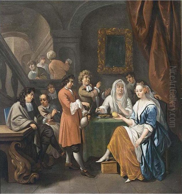 An Elegant Company Eating And 
Drinking In An Interior, With A Lady Holding A Lemon In Her Hand, 
Figures On A Staircase In The Background Oil Painting by Bernardus Van Schendel