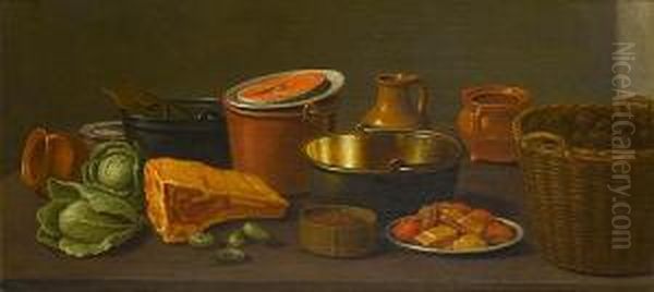 Copper Pots With Earthenware On A
 Table Top,with Meat, Salad, Cucumbers, Lentils And Nuts In A 
Wickerbasket Oil Painting by Floris Gerritsz. van Schooten