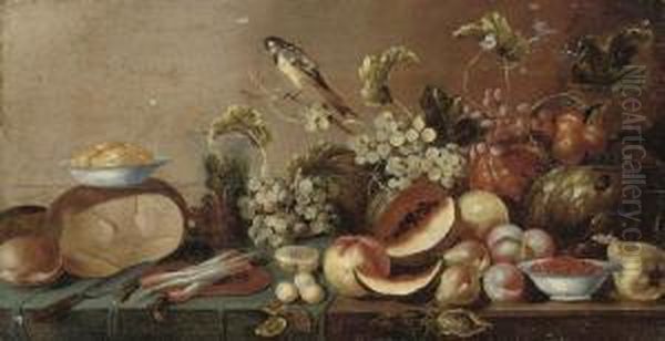 Melons, Peaches, Pears, Grapes 
On The Vine And Other Fruit, With A Bluetit, Radishes On A Platter, 
Bread, Butter And A Knife, On A Partially Draped Table Oil Painting by Floris Gerritsz. van Schooten