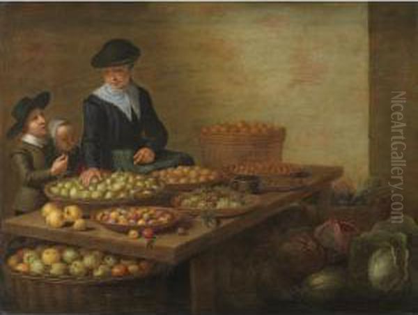 A Fruit And Vegetable Seller At 
Her Stall With Her Children, With Apples, Pears, Grapes, Blackberries, 
Cabbages, Carrots And Artichokes Oil Painting by Floris Gerritsz. van Schooten