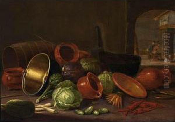 A Still Life With Earthenware 
Pots, A Barrel, Cabbages, Carrots, And Gherkins In The Foreground, 
Figures Near A Fireplace In The Background Oil Painting by Floris Gerritsz. van Schooten