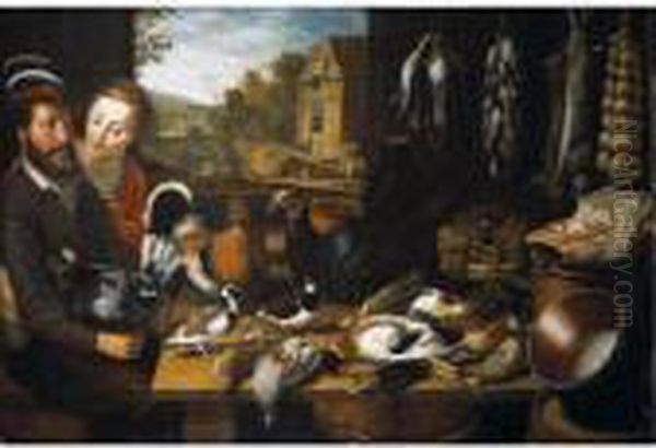A Larder Still Life, With 
Farmyard Fowl, A Turkey, Pigeons, A Plover, Duck, A Starling, Partridge 
And Snipe, With Game And Songbirds And Rabbits Suspended From Nails, A 
Rib Of Beef, Grapes And An Artichoke, With Copper Pans, Watched By A 
Couple Se Oil Painting by Floris Gerritsz. van Schooten