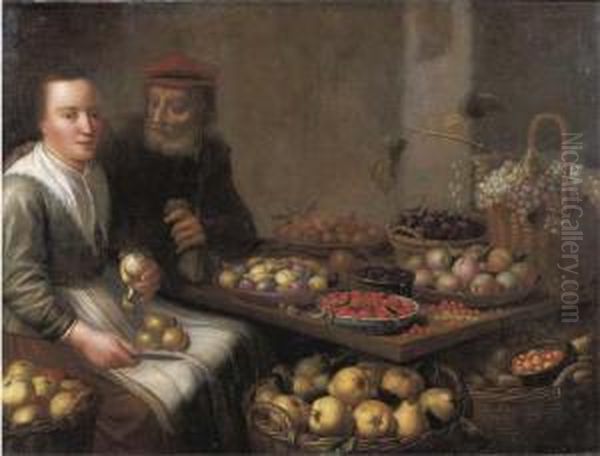 A Kitchen Interior With A 
Peasant Woman Peeling A Pear, At A Tablewith Grapes, Plums, 
Blackberries, Cherries And Other Fruits Onearthenware Plates, An Old Man
 Offering Her A Money Bag Besideher Oil Painting by Floris Gerritsz. van Schooten