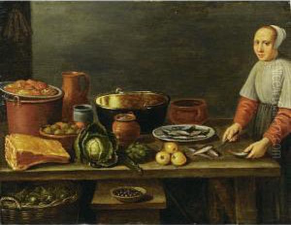 A Kitchen Still Life With A 
Cauliflower, An Artichoke, A Ham And Pots, Pans And Jugs, All On A 
Wooden Table With A Basket Underneath And A Maid Preparing Fish Oil Painting by Floris Gerritsz. van Schooten