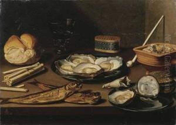 Pewter Plates With Opened 
Oysters, Two Mackerel, A Bun, Oystershells, A Bag Of Tobacco, Matches, A
 White Clay Pipe, A Berkemeierof White Wine, A Red Earthenware Brazier 
With Embers And A Pewteroval Tobacco Tin On A Wooden Table Oil Painting by Floris Gerritsz. van Schooten