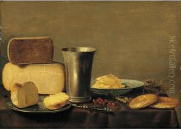 A Still Life Of Cheese, A Silver
 Beaker, Bread On A Pewter Dish, Butter In A Blue-and-white Bowl, 
Together With Red- And White-currants, A Knife And Biscuits On A Table 
Draped With A Green Cloth Oil Painting by Floris Gerritsz. van Schooten