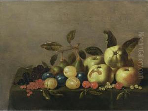 A Still Life With Quinces, 
Apples, Prunes, Pears, Red And Black Cherries, Red And White Currants 
And Bilberries, All On A Table Draped With A Green Cloth Oil Painting by Floris Gerritsz. van Schooten