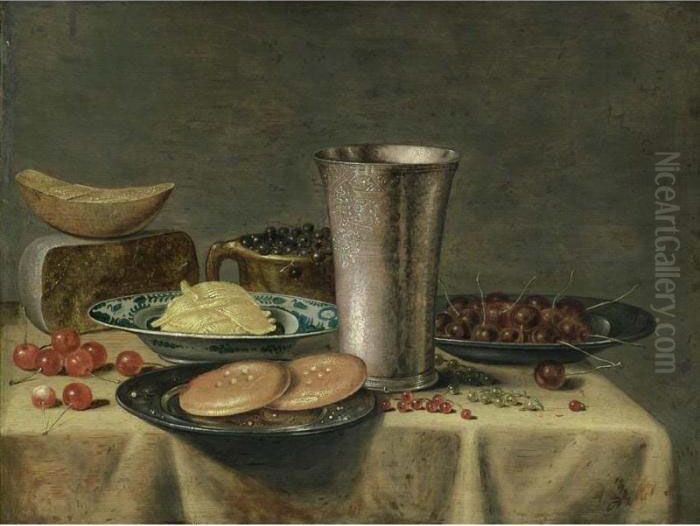 A Still Life With A Silver 
Beaker, Cherries And Bread On Pewter Plates, Cheese, Blue Berries In An 
Earthenware Pot, Butter In A Porcelain Dish, All On A Table Draped With A
 White Cloth, Together With Cherries And Red And White Currants Oil Painting by Floris Gerritsz. van Schooten