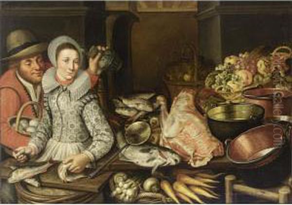 A Kitchen Still Life With Grapes
 And Apples In A Basket, With Artichokes In A Basket, Fish On A Plate, 
Copper Pots And Pans, A Piece Of Meat, Fish, Carrots, Turnips And Onions
 In A Basket, With A Woman Scaling Fish And A Man Holding A Jug And A 
Ba Oil Painting by Floris Gerritsz. van Schooten
