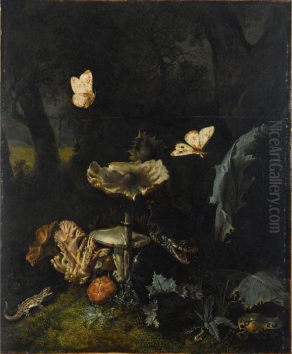 A Forest Floor Still Life With 
Various Fungi, Thistles, An Aspic Viper, A Sand Lizard, A Snail, A Tree 
Frog And Two Moths Oil Painting by Otto Marseus Snuff. Van Schrieck