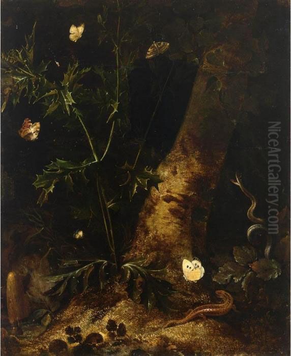 A Forest Floor Still Life With A
 Salamander, Snake And Various Butterflies Around A Thistle Oil Painting by Otto Marseus Snuff. Van Schrieck