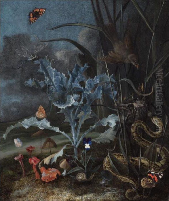 A Forest Floor, With A Milk 
Thistle, Fungi, A Wood Snail, A Queen Of Spain Fritillary, An Emperor 
Moth And An Aspis Adder Attacking A Fledgling From A Nest Of A 
Sedge-warbler Oil Painting by Otto Marseus Snuff. Van Schrieck