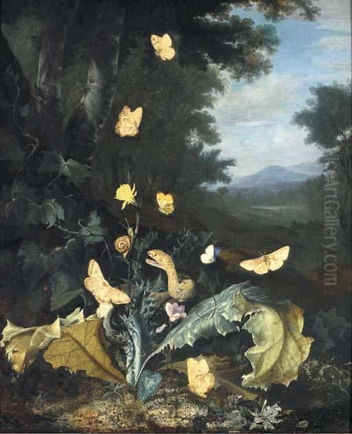A Forest Floor Still Life With A
 Snake, Butterflies, A Ladybird Anda Snail, A Mountainous Landscape 
Beyond Oil Painting by Otto Marseus Snuff. Van Schrieck