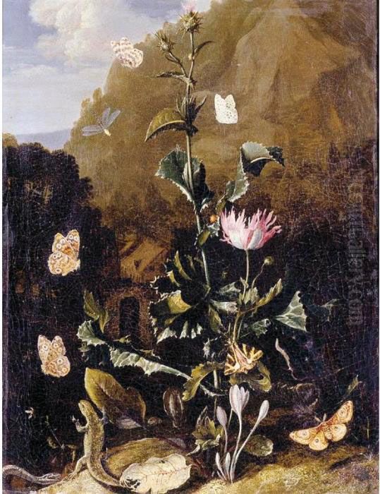 Still Life Of A Thistle And 
Other Flowers Surrounded By Moths, A Dragonfly, A Lizard, And A Snake, 
In A Landscape Oil Painting by Otto Marseus Snuff. Van Schrieck